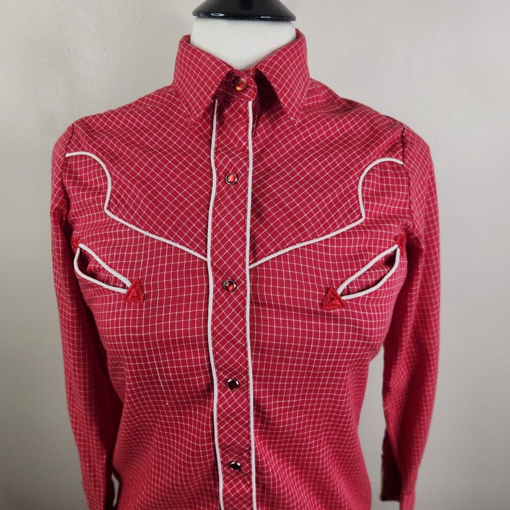 Karman Vintage 70s Womens Pearl Snap Gingham Dual Pocket Western Shirt  Sz 8 - Picture 2 of 9